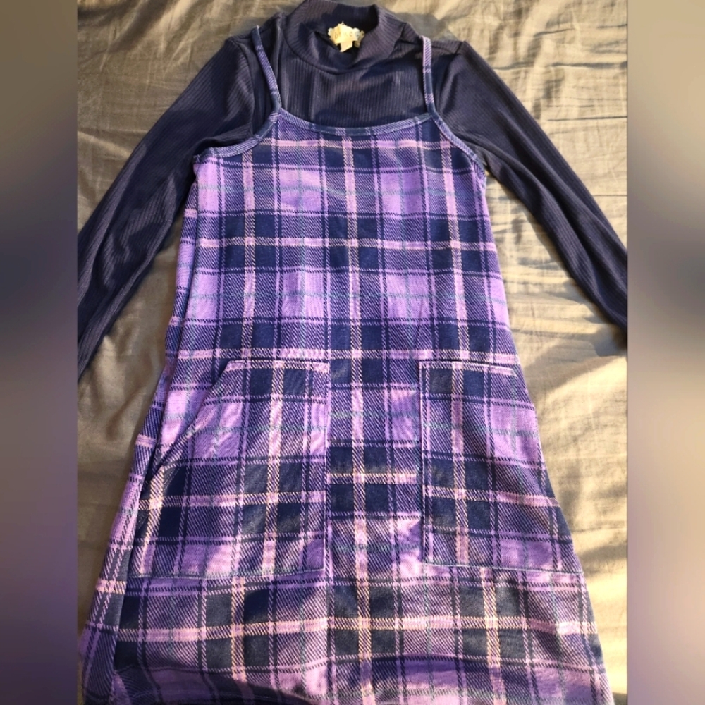btween 2 peice Girls Dress Purple Navy Plaid Size 7 EUC
